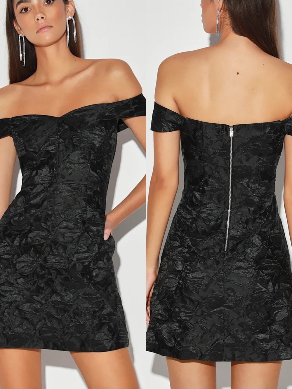Lulus | You're All Heart Black Jacquard Satin Off-The-Shoulder Dress